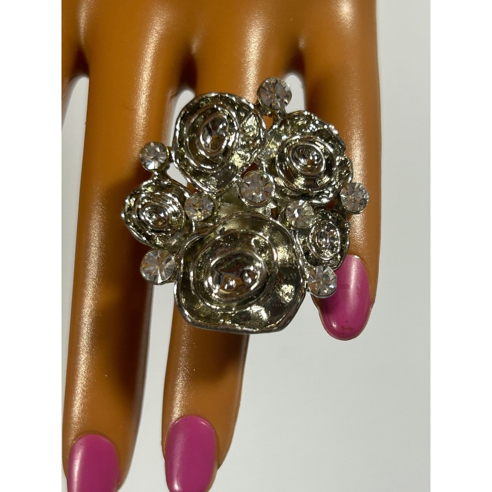 Silver Tone Rose Cluster Statement Ring Y2K Glam Rhinestone Adjustable Floral
